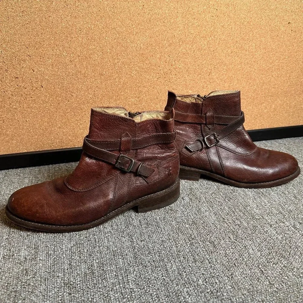 Frye JAYDEN CROSS STRAP Zipper Red Brown Boots Women US 6.5 B